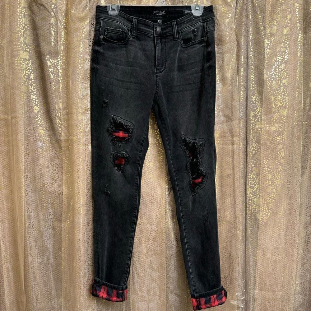 Judy Blue Black Destroyed Buffalo Plaid Patch Skinny Jeans 7/28